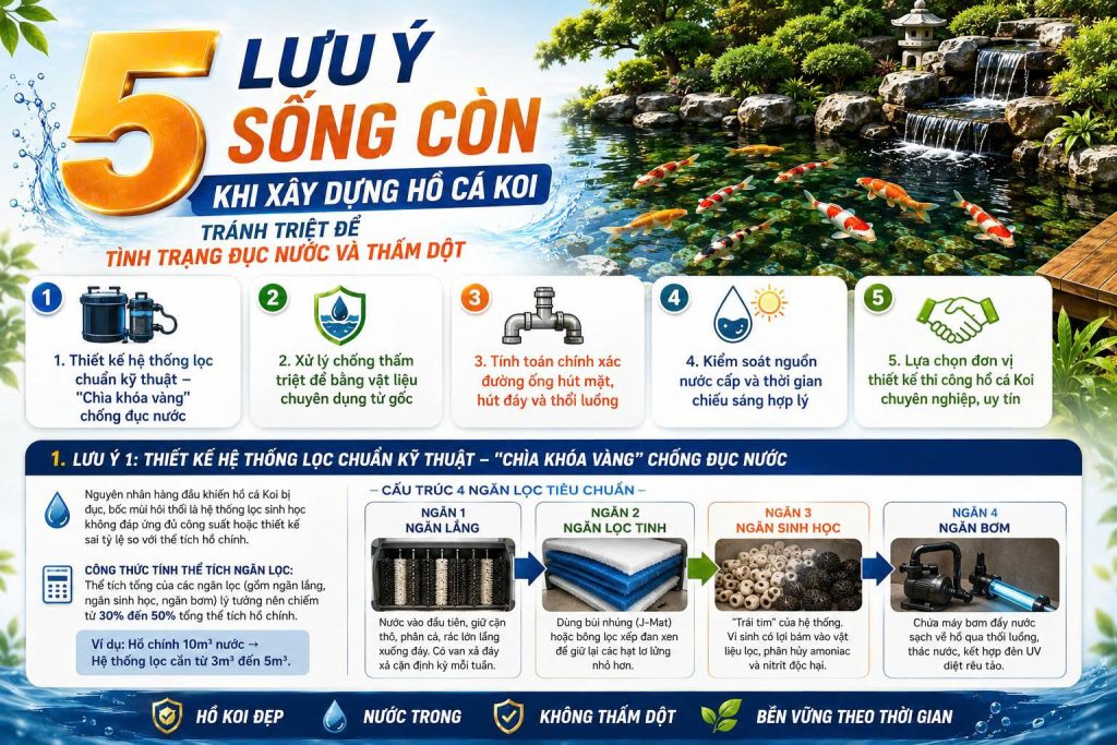 5 Lưu Ý Quan Trọng Khi Xây Dựng Hồ Cá Koi Tránh Bị Đục Nước Và Thấm Dột